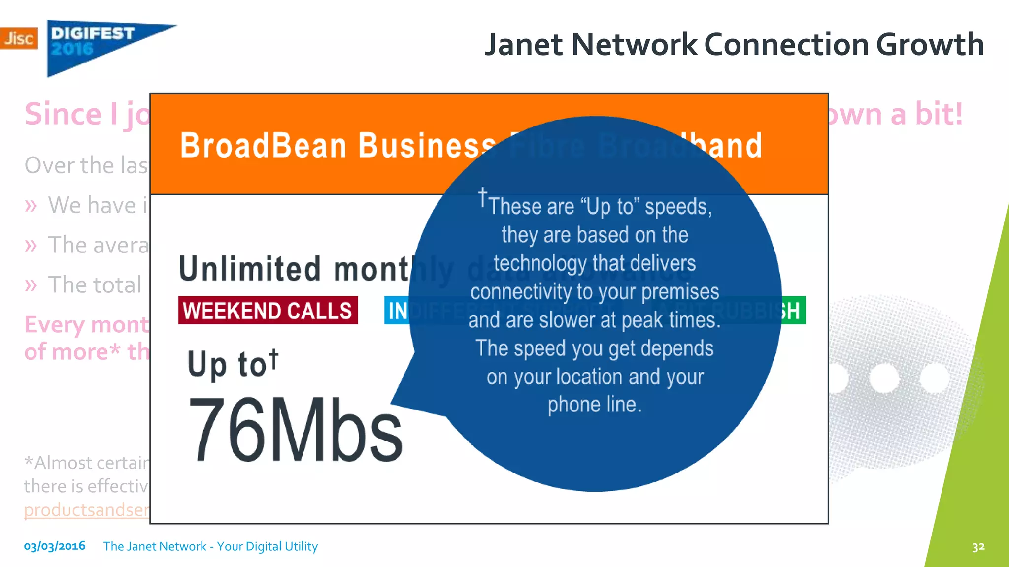 Janet Network Connection Growth
»
»
»
03/03/2016 The Janet Network - Your Digital Utility 32
productsandservices.bt.com/products/broadband-packages
 