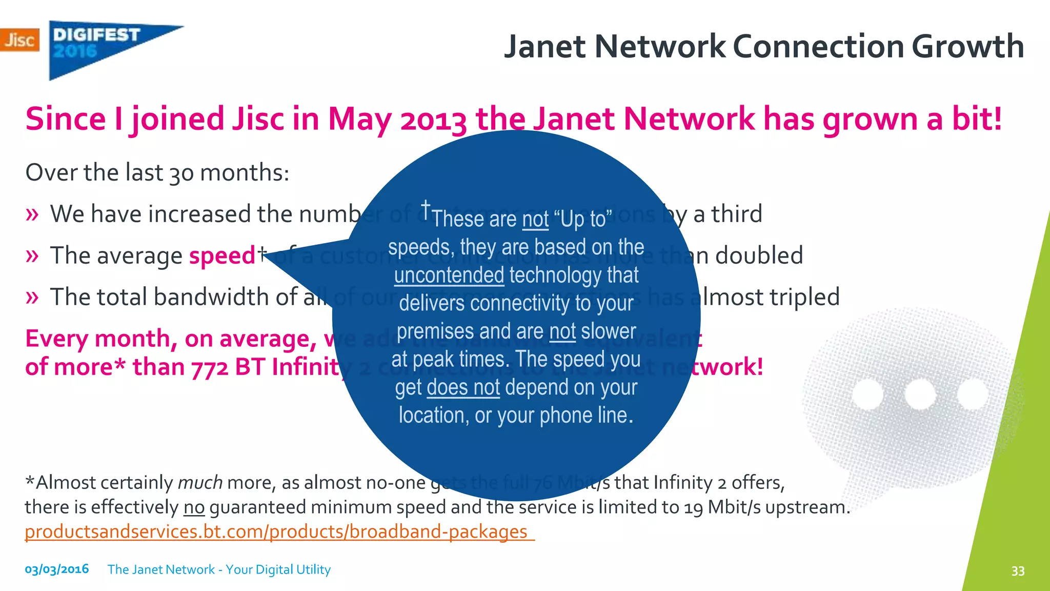 Janet Network Connection Growth
Over the last 30 months:
» We have increased the number of customer connections by a third
» The average speed† of a customer connection has more than doubled
» The total bandwidth of all of our customer connections has almost tripled
Every month, on average, we add the bandwidth equivalent
of more* than 772 BT Infinity 2 connections to the Janet network!
Since I joined Jisc in May 2013 the Janet Network has grown a bit!
03/03/2016 The Janet Network - Your Digital Utility 33
*Almost certainly much more, as almost no-one gets the full 76 Mbit/s that Infinity 2 offers,
there is effectively no guaranteed minimum speed and the service is limited to 19 Mbit/s upstream.
productsandservices.bt.com/products/broadband-packages
†These are not “Up to”
speeds, they are based on the
uncontended technology that
delivers connectivity to your
premises and are not slower
at peak times. The speed you
get does not depend on your
location, or your phone line.
 