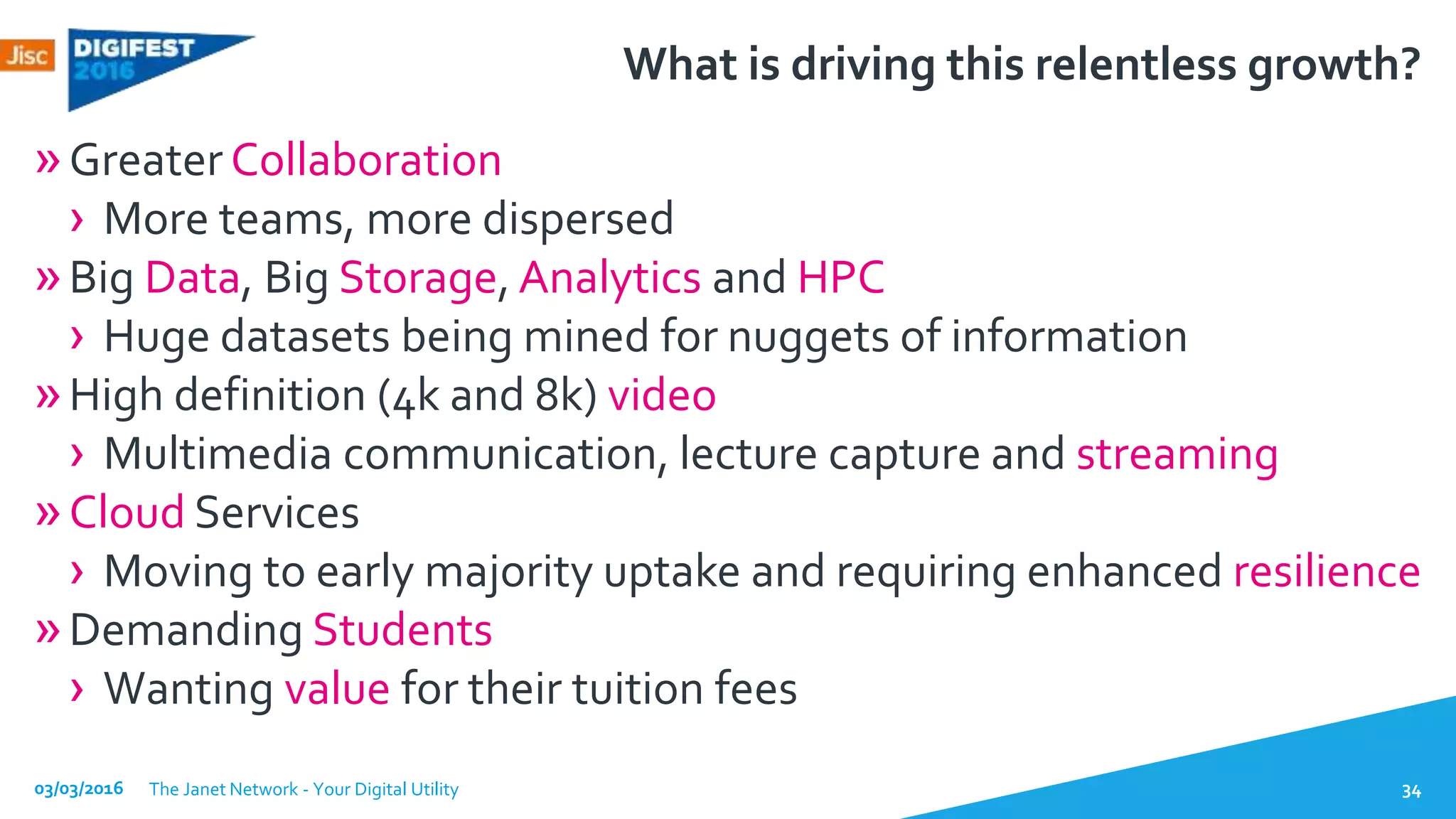 What is driving this relentless growth?
»Greater Collaboration
› More teams, more dispersed
»Big Data, Big Storage, Analytics and HPC
› Huge datasets being mined for nuggets of information
»High definition (4k and 8k) video
› Multimedia communication, lecture capture and streaming
»Cloud Services
› Moving to early majority uptake and requiring enhanced resilience
»Demanding Students
› Wanting value for their tuition fees
03/03/2016 The Janet Network - Your Digital Utility 34
 