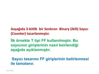 14.12.2013
Aaşağıda 3-bitlik bir Senkron Binary (ikili) Sayıcı
(Counter) tasarlanmıştır.
İlk örnekte T tipi FF kullanılmıştır. Bu
sayıcının girişlerinin nasıl beirlendiği
aşağıda açıklanmıştır.
Sayıcı tasarımı FF girişlerinin belirlenmesi
ile tamalanır.
 