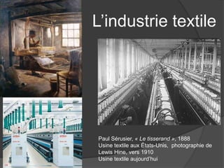 L’industrie textile
Paul Sérusier, « Le tisserand », 1888
Usine textile aux États-Unis, photographie de
Lewis Hine, vers 1910
Usine textile aujourd’hui
 