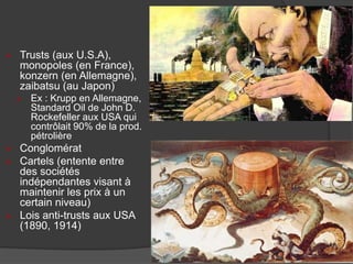  Trusts (aux U.S.A),
monopoles (en France),
konzern (en Allemagne),
zaibatsu (au Japon)
 Ex : Krupp en Allemagne,
Standard Oil de John D.
Rockefeller aux USA qui
contrôlait 90% de la prod.
pétrolière
 Conglomérat
 Cartels (entente entre
des sociétés
indépendantes visant à
maintenir les prix à un
certain niveau)
 Lois anti-trusts aux USA
(1890, 1914)
 