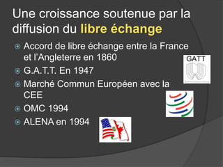 Une croissance soutenue par la
diffusion du libre échange
 Accord de libre échange entre la France
et l’Angleterre en 1860
 G.A.T.T. En 1947
 Marché Commun Européen avec la
CEE
 OMC 1994
 ALENA en 1994
 