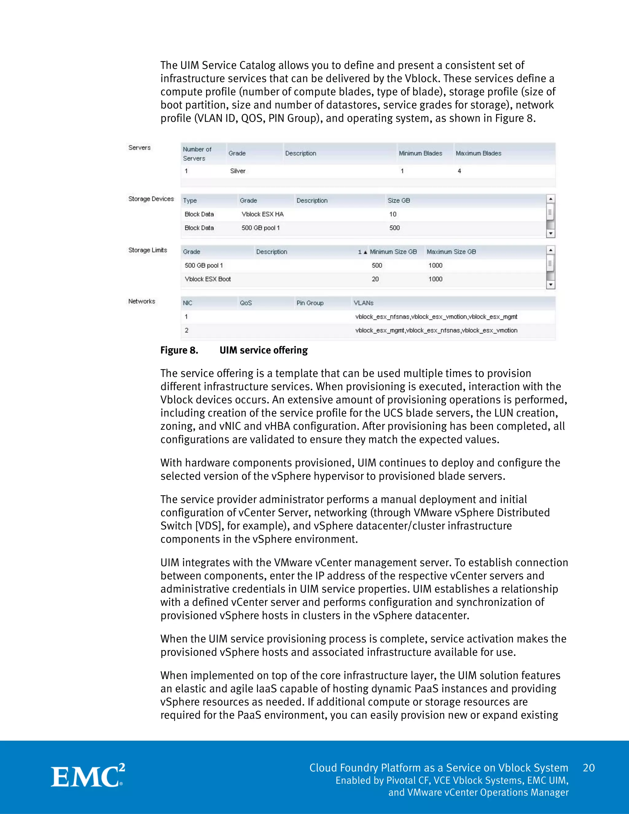 Cloud Foundry Platform as a Service on Vblock System
Enabled by Pivotal CF, VCE Vblock Systems, EMC UIM,
and VMware vCenter Operations Manager
20
The UIM Service Catalog allows you to define and present a consistent set of
infrastructure services that can be delivered by the Vblock. These services define a
compute profile (number of compute blades, type of blade), storage profile (size of
boot partition, size and number of datastores, service grades for storage), network
profile (VLAN ID, QOS, PIN Group), and operating system, as shown in Figure 8.
Figure 8. UIM service offering
The service offering is a template that can be used multiple times to provision
different infrastructure services. When provisioning is executed, interaction with the
Vblock devices occurs. An extensive amount of provisioning operations is performed,
including creation of the service profile for the UCS blade servers, the LUN creation,
zoning, and vNIC and vHBA configuration. After provisioning has been completed, all
configurations are validated to ensure they match the expected values.
With hardware components provisioned, UIM continues to deploy and configure the
selected version of the vSphere hypervisor to provisioned blade servers.
The service provider administrator performs a manual deployment and initial
configuration of vCenter Server, networking (through VMware vSphere Distributed
Switch [VDS], for example), and vSphere datacenter/cluster infrastructure
components in the vSphere environment.
UIM integrates with the VMware vCenter management server. To establish connection
between components, enter the IP address of the respective vCenter servers and
administrative credentials in UIM service properties. UIM establishes a relationship
with a defined vCenter server and performs configuration and synchronization of
provisioned vSphere hosts in clusters in the vSphere datacenter.
When the UIM service provisioning process is complete, service activation makes the
provisioned vSphere hosts and associated infrastructure available for use.
When implemented on top of the core infrastructure layer, the UIM solution features
an elastic and agile IaaS capable of hosting dynamic PaaS instances and providing
vSphere resources as needed. If additional compute or storage resources are
required for the PaaS environment, you can easily provision new or expand existing
 