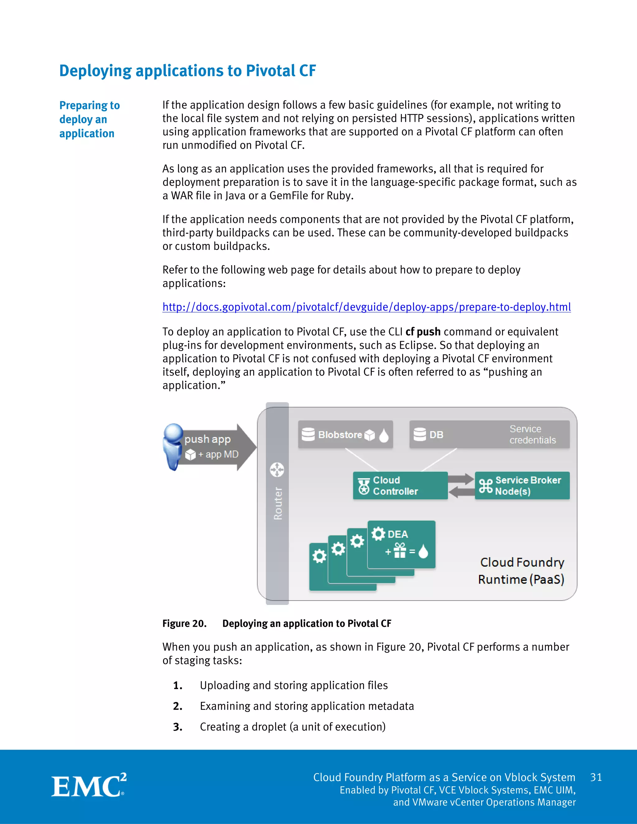 31
Cloud Foundry Platform as a Service on Vblock System
Enabled by Pivotal CF, VCE Vblock Systems, EMC UIM,
and VMware vCenter Operations Manager
Deploying applications to Pivotal CF
If the application design follows a few basic guidelines (for example, not writing to
the local file system and not relying on persisted HTTP sessions), applications written
using application frameworks that are supported on a Pivotal CF platform can often
run unmodified on Pivotal CF.
As long as an application uses the provided frameworks, all that is required for
deployment preparation is to save it in the language-specific package format, such as
a WAR file in Java or a GemFile for Ruby.
If the application needs components that are not provided by the Pivotal CF platform,
third-party buildpacks can be used. These can be community-developed buildpacks
or custom buildpacks.
Refer to the following web page for details about how to prepare to deploy
applications:
http://docs.gopivotal.com/pivotalcf/devguide/deploy-apps/prepare-to-deploy.html
To deploy an application to Pivotal CF, use the CLI cf push command or equivalent
plug-ins for development environments, such as Eclipse. So that deploying an
application to Pivotal CF is not confused with deploying a Pivotal CF environment
itself, deploying an application to Pivotal CF is often referred to as “pushing an
application.”
Figure 20. Deploying an application to Pivotal CF
When you push an application, as shown in Figure 20, Pivotal CF performs a number
of staging tasks:
1. Uploading and storing application files
2. Examining and storing application metadata
3. Creating a droplet (a unit of execution)
Preparing to
deploy an
application
 
