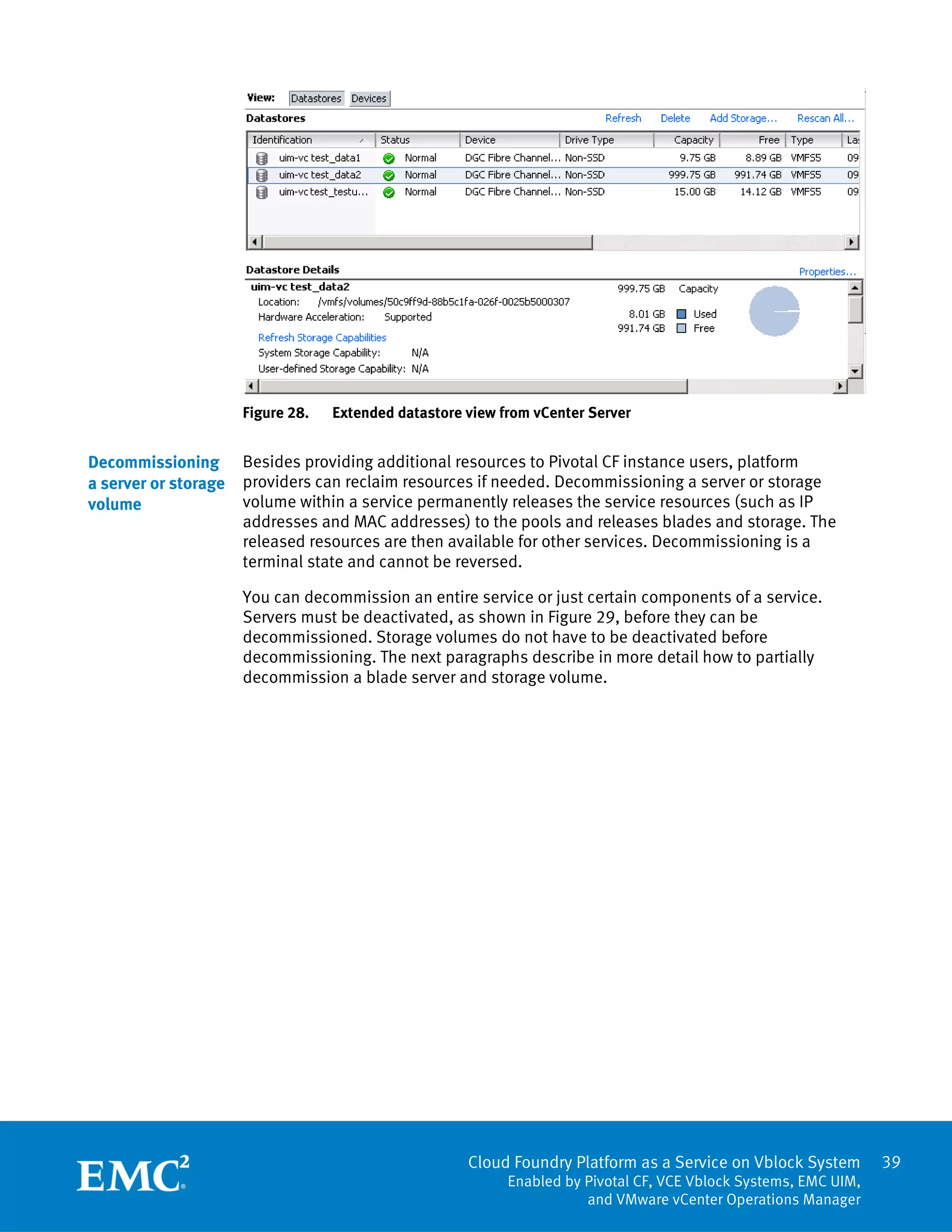 39
Cloud Foundry Platform as a Service on Vblock System
Enabled by Pivotal CF, VCE Vblock Systems, EMC UIM,
and VMware vCenter Operations Manager
Figure 28. Extended datastore view from vCenter Server
Besides providing additional resources to Pivotal CF instance users, platform
providers can reclaim resources if needed. Decommissioning a server or storage
volume within a service permanently releases the service resources (such as IP
addresses and MAC addresses) to the pools and releases blades and storage. The
released resources are then available for other services. Decommissioning is a
terminal state and cannot be reversed.
You can decommission an entire service or just certain components of a service.
Servers must be deactivated, as shown in Figure 29, before they can be
decommissioned. Storage volumes do not have to be deactivated before
decommissioning. The next paragraphs describe in more detail how to partially
decommission a blade server and storage volume.
Decommissioning
a server or storage
volume
 