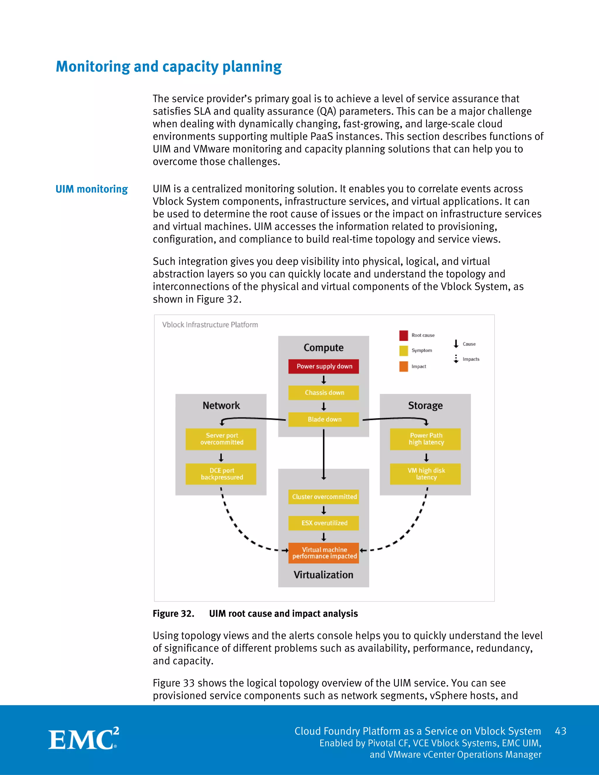 43
Cloud Foundry Platform as a Service on Vblock System
Enabled by Pivotal CF, VCE Vblock Systems, EMC UIM,
and VMware vCenter Operations Manager
Monitoring and capacity planning
The service provider’s primary goal is to achieve a level of service assurance that
satisfies SLA and quality assurance (QA) parameters. This can be a major challenge
when dealing with dynamically changing, fast-growing, and large-scale cloud
environments supporting multiple PaaS instances. This section describes functions of
UIM and VMware monitoring and capacity planning solutions that can help you to
overcome those challenges.
UIM is a centralized monitoring solution. It enables you to correlate events across
Vblock System components, infrastructure services, and virtual applications. It can
be used to determine the root cause of issues or the impact on infrastructure services
and virtual machines. UIM accesses the information related to provisioning,
configuration, and compliance to build real-time topology and service views.
Such integration gives you deep visibility into physical, logical, and virtual
abstraction layers so you can quickly locate and understand the topology and
interconnections of the physical and virtual components of the Vblock System, as
shown in Figure 32.
Figure 32. UIM root cause and impact analysis
Using topology views and the alerts console helps you to quickly understand the level
of significance of different problems such as availability, performance, redundancy,
and capacity.
Figure 33 shows the logical topology overview of the UIM service. You can see
provisioned service components such as network segments, vSphere hosts, and
UIM monitoring
 