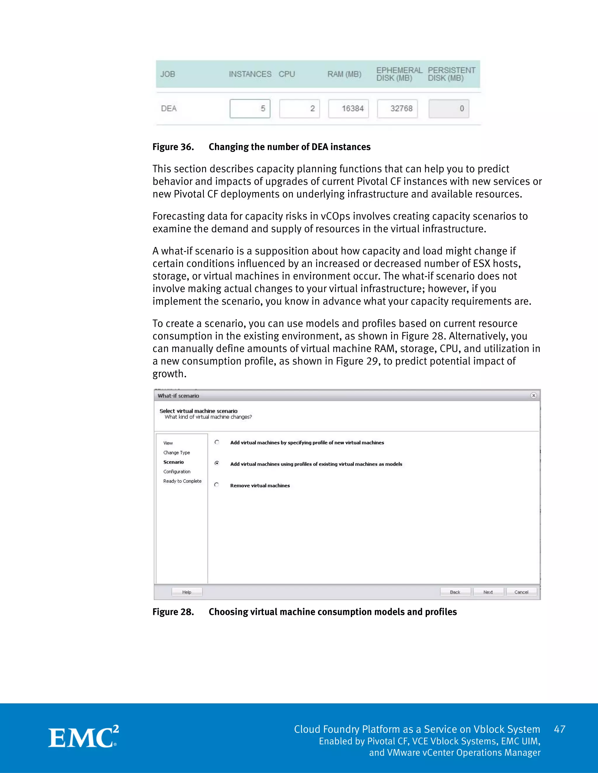 47
Cloud Foundry Platform as a Service on Vblock System
Enabled by Pivotal CF, VCE Vblock Systems, EMC UIM,
and VMware vCenter Operations Manager
Figure 36. Changing the number of DEA instances
This section describes capacity planning functions that can help you to predict
behavior and impacts of upgrades of current Pivotal CF instances with new services or
new Pivotal CF deployments on underlying infrastructure and available resources.
Forecasting data for capacity risks in vCOps involves creating capacity scenarios to
examine the demand and supply of resources in the virtual infrastructure.
A what-if scenario is a supposition about how capacity and load might change if
certain conditions influenced by an increased or decreased number of ESX hosts,
storage, or virtual machines in environment occur. The what-if scenario does not
involve making actual changes to your virtual infrastructure; however, if you
implement the scenario, you know in advance what your capacity requirements are.
To create a scenario, you can use models and profiles based on current resource
consumption in the existing environment, as shown in Figure 28. Alternatively, you
can manually define amounts of virtual machine RAM, storage, CPU, and utilization in
a new consumption profile, as shown in Figure 29, to predict potential impact of
growth.
Figure 28. Choosing virtual machine consumption models and profiles
 
