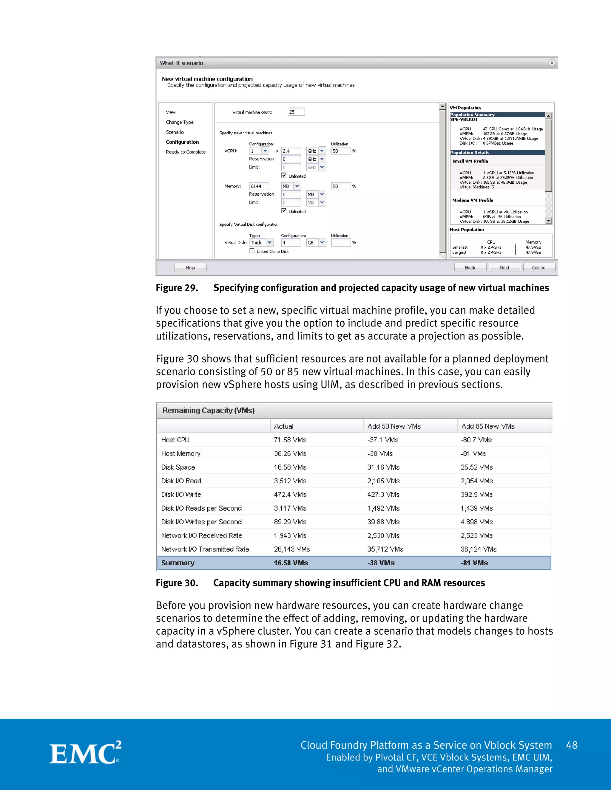 Cloud Foundry Platform as a Service on Vblock System
Enabled by Pivotal CF, VCE Vblock Systems, EMC UIM,
and VMware vCenter Operations Manager
48
Figure 29. Specifying configuration and projected capacity usage of new virtual machines
If you choose to set a new, specific virtual machine profile, you can make detailed
specifications that give you the option to include and predict specific resource
utilizations, reservations, and limits to get as accurate a projection as possible.
Figure 30 shows that sufficient resources are not available for a planned deployment
scenario consisting of 50 or 85 new virtual machines. In this case, you can easily
provision new vSphere hosts using UIM, as described in previous sections.
Figure 30. Capacity summary showing insufficient CPU and RAM resources
Before you provision new hardware resources, you can create hardware change
scenarios to determine the effect of adding, removing, or updating the hardware
capacity in a vSphere cluster. You can create a scenario that models changes to hosts
and datastores, as shown in Figure 31 and Figure 32.
 