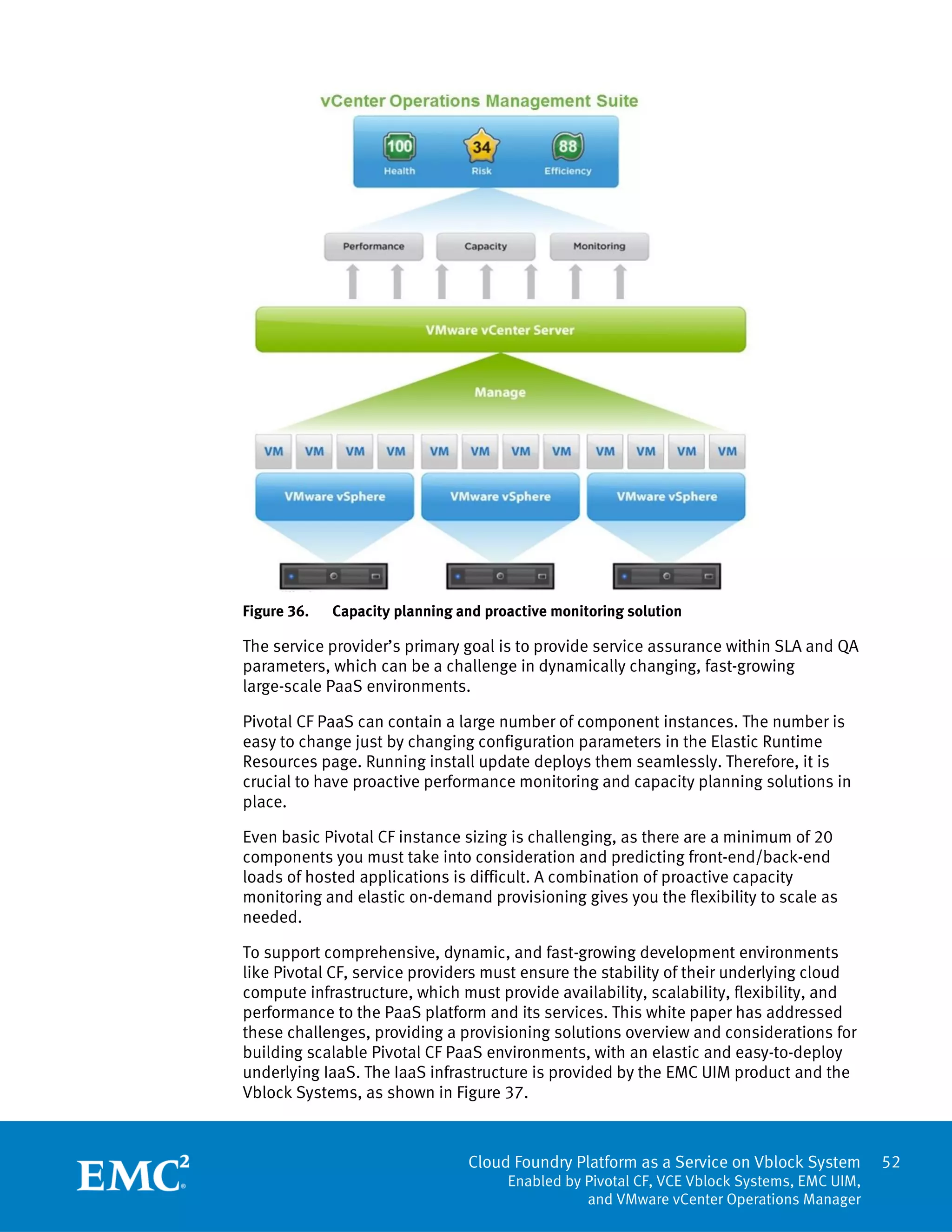 Cloud Foundry Platform as a Service on Vblock System
Enabled by Pivotal CF, VCE Vblock Systems, EMC UIM,
and VMware vCenter Operations Manager
52
Figure 36. Capacity planning and proactive monitoring solution
The service provider’s primary goal is to provide service assurance within SLA and QA
parameters, which can be a challenge in dynamically changing, fast-growing
large-scale PaaS environments.
Pivotal CF PaaS can contain a large number of component instances. The number is
easy to change just by changing configuration parameters in the Elastic Runtime
Resources page. Running install update deploys them seamlessly. Therefore, it is
crucial to have proactive performance monitoring and capacity planning solutions in
place.
Even basic Pivotal CF instance sizing is challenging, as there are a minimum of 20
components you must take into consideration and predicting front-end/back-end
loads of hosted applications is difficult. A combination of proactive capacity
monitoring and elastic on-demand provisioning gives you the flexibility to scale as
needed.
To support comprehensive, dynamic, and fast-growing development environments
like Pivotal CF, service providers must ensure the stability of their underlying cloud
compute infrastructure, which must provide availability, scalability, flexibility, and
performance to the PaaS platform and its services. This white paper has addressed
these challenges, providing a provisioning solutions overview and considerations for
building scalable Pivotal CF PaaS environments, with an elastic and easy-to-deploy
underlying IaaS. The IaaS infrastructure is provided by the EMC UIM product and the
Vblock Systems, as shown in Figure 37.
 
