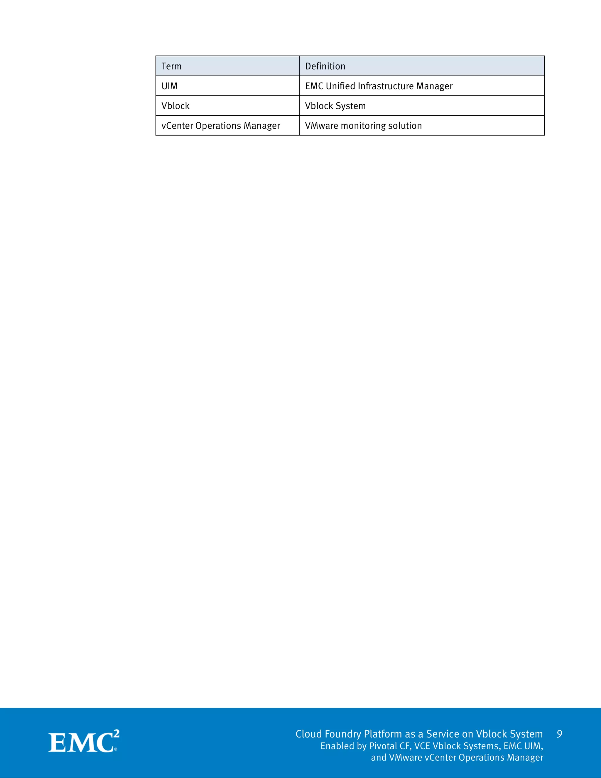 9
Cloud Foundry Platform as a Service on Vblock System
Enabled by Pivotal CF, VCE Vblock Systems, EMC UIM,
and VMware vCenter Operations Manager
Term Definition
UIM EMC Unified Infrastructure Manager
Vblock Vblock System
vCenter Operations Manager VMware monitoring solution
 