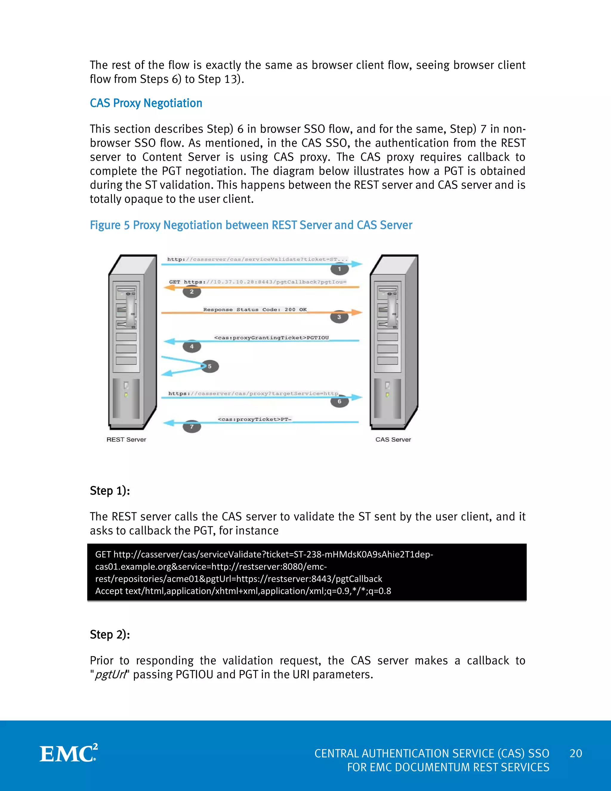 The rest of the flow is exactly the same as browser client flow, seeing browser client
flow from Steps 6) to Step 13).
CAS Proxy Negotiation
This section describes Step) 6 in browser SSO flow, and for the same, Step) 7 in nonbrowser SSO flow. As mentioned, in the CAS SSO, the authentication from the REST
server to Content Server is using CAS proxy. The CAS proxy requires callback to
complete the PGT negotiation. The diagram below illustrates how a PGT is obtained
during the ST validation. This happens between the REST server and CAS server and is
totally opaque to the user client.
Figure 5 Proxy Negotiation between REST Server and CAS Server

Step 1):
The REST server calls the CAS server to validate the ST sent by the user client, and it
asks to callback the PGT, for instance
GET http://casserver/cas/serviceValidate?ticket=ST-238-mHMdsK0A9sAhie2T1depcas01.example.org&service=http://restserver:8080/emcrest/repositories/acme01&pgtUrl=https://restserver:8443/pgtCallback
Accept text/html,application/xhtml+xml,application/xml;q=0.9,*/*;q=0.8

Step 2):
Prior to responding the validation request, the CAS server makes a callback to
"pgtUrl" passing PGTIOU and PGT in the URI parameters.

CENTRAL AUTHENTICATION SERVICE (CAS) SSO
FOR EMC DOCUMENTUM REST SERVICES

20

 