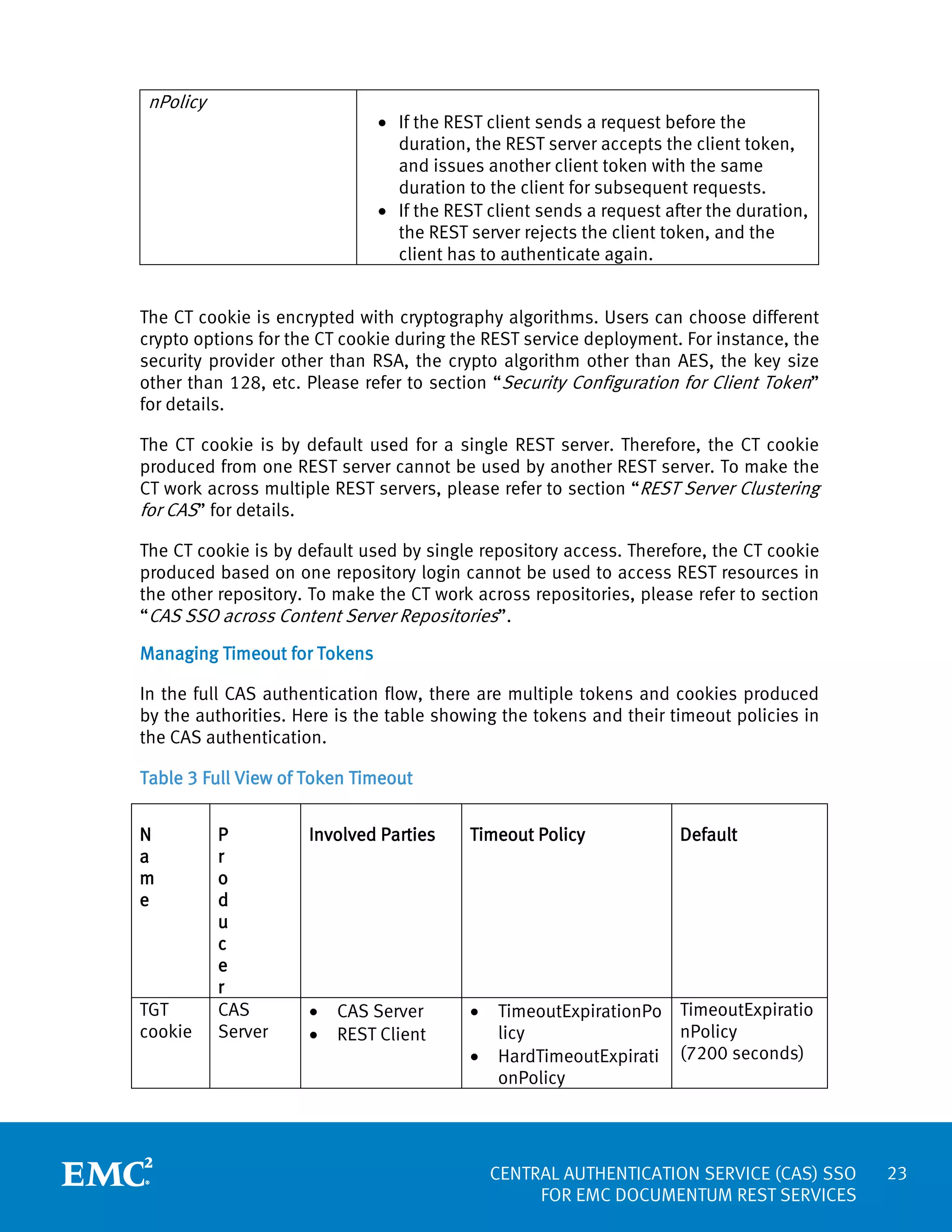 nPolicy

• If the REST client sends a request before the
duration, the REST server accepts the client token,
and issues another client token with the same
duration to the client for subsequent requests.
• If the REST client sends a request after the duration,
the REST server rejects the client token, and the
client has to authenticate again.

The CT cookie is encrypted with cryptography algorithms. Users can choose different
crypto options for the CT cookie during the REST service deployment. For instance, the
security provider other than RSA, the crypto algorithm other than AES, the key size
other than 128, etc. Please refer to section “Security Configuration for Client Token”
for details.
The CT cookie is by default used for a single REST server. Therefore, the CT cookie
produced from one REST server cannot be used by another REST server. To make the
CT work across multiple REST servers, please refer to section “REST Server Clustering
for CAS” for details.
The CT cookie is by default used by single repository access. Therefore, the CT cookie
produced based on one repository login cannot be used to access REST resources in
the other repository. To make the CT work across repositories, please refer to section
“CAS SSO across Content Server Repositories”.
Managing Timeout for Tokens
In the full CAS authentication flow, there are multiple tokens and cookies produced
by the authorities. Here is the table showing the tokens and their timeout policies in
the CAS authentication.
Table 3 Full View of Token Timeout
N
a
m
e

TGT
cookie

P
r
o
d
u
c
e
r
CAS
Server

Involved Parties

Timeout Policy

•
•

•

CAS Server
REST Client

•

Default

TimeoutExpirationPo TimeoutExpiratio
nPolicy
licy
HardTimeoutExpirati (7200 seconds)
onPolicy

CENTRAL AUTHENTICATION SERVICE (CAS) SSO
FOR EMC DOCUMENTUM REST SERVICES

23

 
