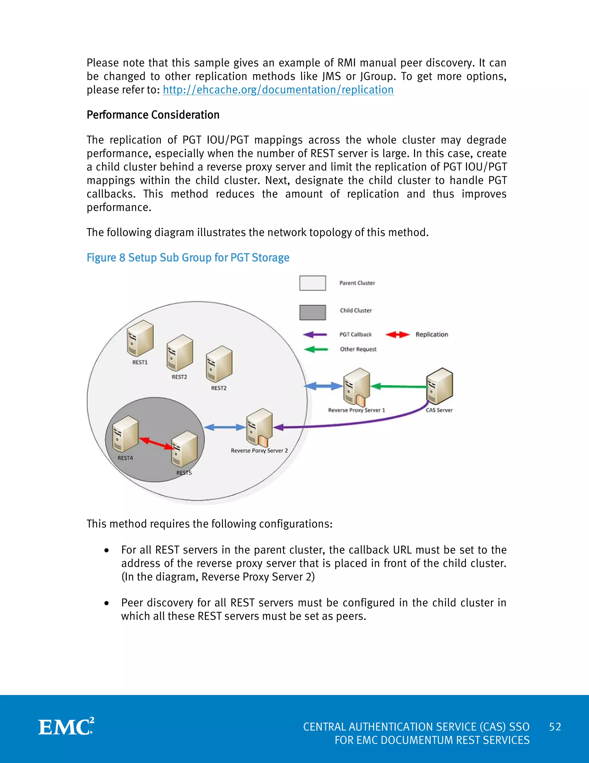 Please note that this sample gives an example of RMI manual peer discovery. It can
be changed to other replication methods like JMS or JGroup. To get more options,
please refer to: http://ehcache.org/documentation/replication
Performance Consideration
The replication of PGT IOU/PGT mappings across the whole cluster may degrade
performance, especially when the number of REST server is large. In this case, create
a child cluster behind a reverse proxy server and limit the replication of PGT IOU/PGT
mappings within the child cluster. Next, designate the child cluster to handle PGT
callbacks. This method reduces the amount of replication and thus improves
performance.
The following diagram illustrates the network topology of this method.
Figure 8 Setup Sub Group for PGT Storage

This method requires the following configurations:
•

For all REST servers in the parent cluster, the callback URL must be set to the
address of the reverse proxy server that is placed in front of the child cluster.
(In the diagram, Reverse Proxy Server 2)

•

Peer discovery for all REST servers must be configured in the child cluster in
which all these REST servers must be set as peers.

CENTRAL AUTHENTICATION SERVICE (CAS) SSO
FOR EMC DOCUMENTUM REST SERVICES

52

 