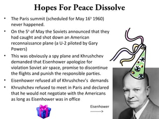 Hopes For Peace Dissolve
• The Paris summit (scheduled for May 16th
1960)
never happened.
• On the 5th
of May the Soviets announced that they
had caught and shot down an American
reconnaissance plane (a U-2 piloted by Gary
Powers)
• This was obviously a spy plane and Khrushchev
demanded that Eisenhower apologize for
violation Soviet air space, promise to discontinue
the flights and punish the responsible parties.
• Eisenhower refused all of Khrushchev’s demands
• Khrushchev refused to meet in Paris and declared
that he would not negotiate with the Americans
as long as Eisenhower was in office
Eisenhower
--------->
 