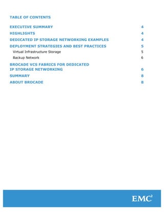 TABLE OF CONTENTS
EXECUTIVE SUMMARY 4	
  
HIGHLIGHTS 4	
  
DEDICATED IP STORAGE NETWORKING EXAMPLES 4	
  
DEPLOYMENT STRATEGIES AND BEST PRACTICES 5	
  
Virtual Infrastructure Storage 5	
  
Backup Network 6	
  
BROCADE VCS FABRICS FOR DEDICATED
IP STORAGE NETWORKING 6	
  
SUMMARY 8	
  
ABOUT BROCADE 8	
  
 