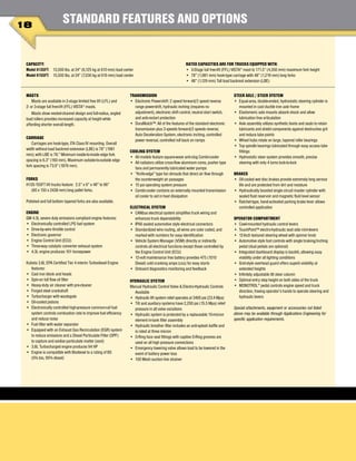 MASTS
Masts are available in 2-stage limited free lift (LFL) and
2- or 3-stage full free-lift (FFL) VISTA®
masts.
Masts show nested-channel design and full-radius, angled
load rollers provides increased capacity at height while
affording shorter overall length.
CARRIAGE
Carriages are hook-type, ITA Class IV mounting. Overall
width without load backrest extension (LBE) is 78” (1981
mm); with LBE is 78.” Minimum inside-to-inside edge fork
spacing is 6.3” (160 mm). Maximum outside-to-outside edge
fork spacing is 73.9” (1876 mm).
FORKS
H135-155FT lift trucks feature:  2.5” x 6” x 48” to 96”
	 (60 x 150 x 2438 mm) long pallet forks.
Polished and full bottom tapered forks are also available.
ENGINE
GM 4.3L severe duty emissions compliant engine features:
•	 Electronically controlled LPG fuel system
•	 Drive-by-wire throttle control
•	 Electronic governor
•	 Engine Control Unit (ECU)
•	 Three-way catalytic converter exhaust system
•	 4.3L engine produces 101 horsepower
Kubota 3.8L EPA Certified Tier 4 interim Turbodiesel Engine
features:
•	 Cast iron block and heads
•	 Spin-on full flow oil filter
•	 Heavy-duty air cleaner with pre-cleaner
•	 Forged steel crankshaft
•	 Turbocharger with wastegate
•	 Oil-cooled pistons
•	 Electronically controlled high-pressure common-rail fuel
system controls combustion rate to improve fuel efficiency
and reduce noise
•	 Fuel filter with water separator
•	 Equipped with an Exhaust Gas Recirculation (EGR) system
to reduce emissions and a Diesel Particulate Filter (DPF)
to capture and oxidize particulate matter (soot)
•	 3.8L Turbocharged engine produces 94 HP
•	 Engine is compatible with Biodiesel to a rating of B5
(5% bio, 95% diesel)
Rated capacities are for trucks equipped with:
•	 3-Stage full free-lift (FFL) VISTA®
mast to 171.5” (4,356 mm) maximum fork height
•	 78” (1,981 mm) hook-type carriage with 48” (1,219 mm) long forks
•	 48” (1,129 mm) Tall load backrest extension (LBE)
STEER AXLE / STEER SYSTEM
•	 Equal-area, double-ended, hydrostatic steering cylinder is
mounted in cast ductile iron axle frame
•	 Elastomeric axle mounts absorb shock and allow
lubrication free articulation
•	 Axle assembly utilizes synthetic boots and seals to retain
lubricants and shield components against destructive grit
and reduce lube points
•	 Wheel hubs rotate on large, tapered roller bearings
•	 Top spindle bearings lubricated through easy access lube
fittings
•	 Hydrostatic steer system provides smooth, precise
steering with only 4 turns lock-to-lock
BRAKES
•	 Oil-cooled wet disc brakes provide extremely long service
life and are protected from dirt and moisture
•	 Hydraulically boosted single circuit master cylinder with
sealed fluid reservoir and magnetic fluid level sensor
•	 Ratchet-type, hand-activated parking brake lever allows
controlled application
OPERATOR COMPARTMENT
•	 Cowl-mounted hydraulic control levers
•	 TouchPoint™ electro-hydraulic seat side mini-levers
•	 12-Inch textured steering wheel with spinner knob
•	 Automotive style foot controls with single braking/inching
pedal (dual pedals are optional)
•	 Integrated dashboard display is backlit, allowing easy
visibility under all lighting conditions
•	 Grid-style overhead guard offers superb visibility at
extended heights
•	 Infinitely adjustable tilt steer column
•	 Optimal entry step height on both sides of the truck
•	 MONOTROL®
pedal controls engine speed and truck
direction, freeing operator’s hands to operate steering and
hydraulic levers
Special attachments, equipment or accessories not listed
above may be available through Applications Engineering for
specific application requirements.
TRANSMISSION
•	 Electronic Powershift: 2 speed forward/2 speed reverse
range powershift, hydraulic inching (requires no
adjustment), electronic shift control, neutral start switch,
and anti-restart protection
•	 DuraMatch™: All of the features of the standard electronic
transmission plus 3 speeds forward/2 speeds reverse;
Auto Deceleration System, electronic inching, controlled
power reversal, controlled roll back on ramps
COOLING SYSTEM
•	 All models feature square-wave anti-clog Combi-cooler
•	 All radiators utilize cross-flow aluminum cores, pusher type
fans and permanently lubricated water pumps
•	 “Knife-edge” type fan shrouds that direct air flow through
the counterweight air passages
•	 15 psi operating system pressure
•	 Combi-cooler contains an externally mounted transmission
oil cooler to aid in heat dissipation
ELECTRICAL SYSTEM
•	 CANbus electrical system simplifies truck wiring and
enhances truck dependability
•	 IP66 sealed automotive style electrical connectors
•	 Standardized wire routing, all wires are color coded, and
marked with numbers for easy identification
•	 Vehicle System Manager (VSM) directly or indirectly
controls all electrical functions except those controlled by
the Engine Control Unit (ECU)
•	 12-volt maintenance free battery provides 475 (1010
Diesel) cold cranking amps (cca) for easy starts
•	 Onboard diagnostics monitoring and feedback
HYDRAULIC SYSTEM
Manual Hydraulic Control Valve & Electro-Hydraulic Controls
Available
•	 Hydraulic lift system relief operates at 3400 psi (23.4 Mpa)
•	 Tilt and auxiliary systems have 2,200 psi (15.5 Mpa) relief
pressure in all valve variations
•	 Hydraulic system is protected by a replaceable 10-micron
element in-tank filter assembly
•	 Hydraulic breather filter includes an anti-splash baffle and
is rated at three micron
•	 O-Ring face seal fittings with captive O-Ring grooves are
used on all high pressure connections
•	 Emergency lowering valve allows load to be lowered in the
event of battery power loss
•	 100 Mesh suction line strainer
CAPACITY:
Model H135FT:	 13,500 lbs. at 24” (6,125 kg at 610 mm) load center
Model H155FT:	 15,500 lbs. at 24” (7,030 kg at 610 mm) load center
18
Standard Features and Options
 