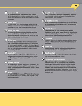 Heavy-duty Drive Axle
The full floating design of the planetary drive axle lets the axle housing,
not the shafts, carry the weight of the load, enhancing dependability
and reliability for a longer service life.
Oil-Cooled Wet Disc Brakes
Provide excellent stopping power and extremely long service life. Brakes
are completely sealed from water and dirt making them ready for your
harshest environments.
Hydrostatic Steer Axle
The Hyster designed cast ductile iron steer axle with transverse,
double-acting hydraulic cylinder, tapered roller spindle- support bearings
and non-adjustable tie rods provide maximum durability and superior
steering control for easy maneuvering and low maintenance.
Counterweight
The superior design permits a significant increase in airflow to assist the
Fortis line of lift trucks to run cooler, even in extreme temperatures and
environments.
Gull-wing Hood
Gull-wing hood doors feature gas springs to assist opening, and holds
covers in place without prop rods or having to remove panels.
Brake/Backup Lights
For superior functionality, the optional Hyster LED brake/backup lights
resist vibration and offer extremely long life.
Fatigue-Reducing Operator Compartment
Ergonomically designed compartment plays a big role to enhance
overall productivity. Entry and exit are made easy by the optimized
step height with non-slip step tread, soft touch contoured hand grip
and rounded hood. Repositioned foot pedals provide improved floor
space, while better engine cooling keeps operators more comfortable.
Infinitely adjustable tilt steer column accommodates any size operator.
A formed fiberglass liner provides increased noise supression for a more
comfortable ride.
5
Overhead Guard (OHG)
The unique grid-style pattern improves visibility while protecting
operators and strengthening the truck’s structure. The front, curved
OHG leg design affords greater shoulder clearance for easier operator
entry and exit.
Hydraulic Controls
The Hyster®
Fortis®
line of lift trucks offers two configurations that
employ cowl mounted levers or TouchPoint™ mini-levers to provide you
unsurpassed, low effort, tactile control of all hydraulic functions.
Exclusive VISTA®
Mast
High strength hot-rolled steel mast channels and flush-faced design
improve capacity retention at high lifts. Compact cast steel cross
members optimize visibility and rigidity. Six 3-inch full-face load rollers
roll on the web and the flange simultaneously.
Tilt Steer Column
The infinitely adjustable tilt steer column accommodates operators
easily. Assisted by a gas-spring and an easy-to-reach lever, obtaining
your preferred position is simple. The standard 12-inch steering wheel
with integrated spinner knob reduces fatigue while providing more knee
room. And it goes lock-to-lock in just 4 turns for superior efficiency,
maneuverability and control.
Pacesetter VSM™
The computer “brain” of the Fortis®
line of lift trucks manages all
vehicle systems to optimize performance and significantly increase
overall reliability and enhance diagnostic capabilities for maximum
uptime.
Hassle-Free Hydraulics
Use of leak-free O-ring face seals helps maximize uptime. In-tank filter
increases hydraulic fluid filtration by 60% for particles down to 10
microns, significantly extending component life and creating a cleaner
overall operation.
Carriage
The Fortis H135-155 features a robust 78” Canted roller hook carriage
with excellent visibility and the strength to handle long forks or tough
attachment applications.
A
M
N
K
L
F
I
H
J
G
C
D
B
E
 