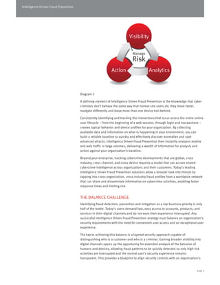 Intelligence Driven Fraud Prevention 
Diagram 1 
A defining element of Intelligence Driven Fraud Prevention is the knowledge that cyber 
criminals don’t behave the same way that normal site users do; they move faster, 
navigate differently and leave more than one device trail behind. 
Consistently identifying and tracking the interactions that occur across the entire online 
user lifecycle – from the beginning of a web session, through login and transactions – 
creates typical behavior and device profiles for your organization. By collecting 
available data and information on what is happening in your environment, you can 
build a reliable baseline to quickly and effectively discover anomalies and spot 
advanced attacks. Intelligence Driven Fraud Prevention then instantly analyzes mobile 
and web traffic in large volumes, delivering a wealth of information for analysis and 
action against your organization’s baseline. 
Beyond your enterprise, tracking cybercrime developments that are global, cross 
industry, cross channel, and cross device requires a model that can access shared 
cybercrime intelligence across organizations and their customers. Today’s leading 
Intelligence Driven Fraud Prevention solutions allow a broader look into threats by 
tapping into cross-organization, cross-industry fraud profiles from a worldwide network 
that can share and disseminate information on cybercrime activities, enabling faster 
response times and limiting risk. 
THE BALANCE CHALLENGE 
Identifying fraud detection, prevention and mitigation as a top business priority is only 
half of the battle. Today’s users demand fast, easy access to accounts, products, and 
services in their digital channels and do not want their experience interrupted. Any 
successful Intelligence Driven Fraud Prevention strategy must balance an organization’s 
security requirements with the need for convenient user access and an exceptional user 
experience. 
The key to achieving this balance is a layered security approach capable of 
distinguishing who is a customer and who is a criminal. Gaining broader visibility into 
digital channels opens up the opportunity for extended analysis of the behavior of 
humans and devices, allowing fraud patterns to be quickly detected so only high risk 
activities are interrupted and the normal user’s security experience remains 
transparent. This provides a blueprint to align security controls with an organization’s 
page 4 
Visibility 
Manage 
Risk 
Action Analytics 
 