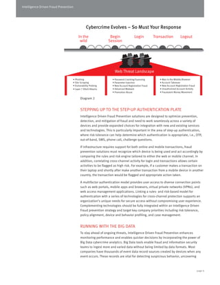 Intelligence Driven Fraud Prevention 
Cybercrime Evolves – So Must Your Response 
In the 
wild 
Diagram 2 
Transaction Logout 
STEPPING UP TO THE STEP-UP AUTHENTICATION PLATE 
Intelligence Driven Fraud Prevention solutions are designed to optimize prevention, 
detection, and mitigation of fraud and need to work seamlessly across a variety of 
devices and provide expanded choices for integration with new and existing services 
and technologies. This is particularly important in the area of step-up authentication, 
where risk tolerance can help determine which authentication is appropriate, i.e., OTP, 
out-of-band, SMS, phone call, challenge questions. 
If infrastructure requires support for both online and mobile transactions, fraud 
prevention solutions must recognize which device is being used and act accordingly by 
comparing the rules and risk engine tailored to either the web or mobile channel. In 
addition, correlating cross-channel activity for login and transactions allows certain 
activities to be flagged as high risk. For example, if a customer makes a transaction on 
their laptop and shortly after make another transaction from a mobile device in another 
country, the transaction would be flagged and appropriate action taken. 
A multifactor authentication model provides user access to diverse connection points 
such as web portals, mobile apps and browsers, virtual private networks (VPNs), and 
web access management applications. Linking a rules- and risk-based model for 
authentication with a series of technologies for cross-channel protection supports an 
organization’s unique needs for secure access without compromising user experience. 
Complementing technologies should be fully integrated within an Intelligence Driven 
Fraud prevention strategy and target key company priorities including risk tolerance, 
policy alignment, device and behavior profiling, and case management. 
RUNNING WITH THE BIG DATA 
To stay ahead of ongoing threats, Intelligence Driven Fraud Prevention enhances 
monitoring performance and enables quicker decisions by incorporating the power of 
Big Data cybercrime analytics. Big Data tools enable fraud and information security 
teams to ingest more and varied data without being limited by data formats. Most 
companies have thousands of event data record sources created by devices when any 
event occurs. These records are vital for detecting suspicious behavior, uncovering 
page 6 
• Password Cracking/Guessing 
• Parameter Injection 
• New Account Registration Fraud 
• Advanced Malware 
• Promotion Abuse 
• Man in the Middle/Browser 
• Account Takeover 
• New Account Registration Fraud 
• Unauthorized Account Activity 
• Fraudulent Money Movement 
• Phishing 
• Site Scraping 
• Vulnerability Probing 
• Layer 7 DDoS Attacks 
Begin 
Session 
Login 
Web Threat Landscape 
 
