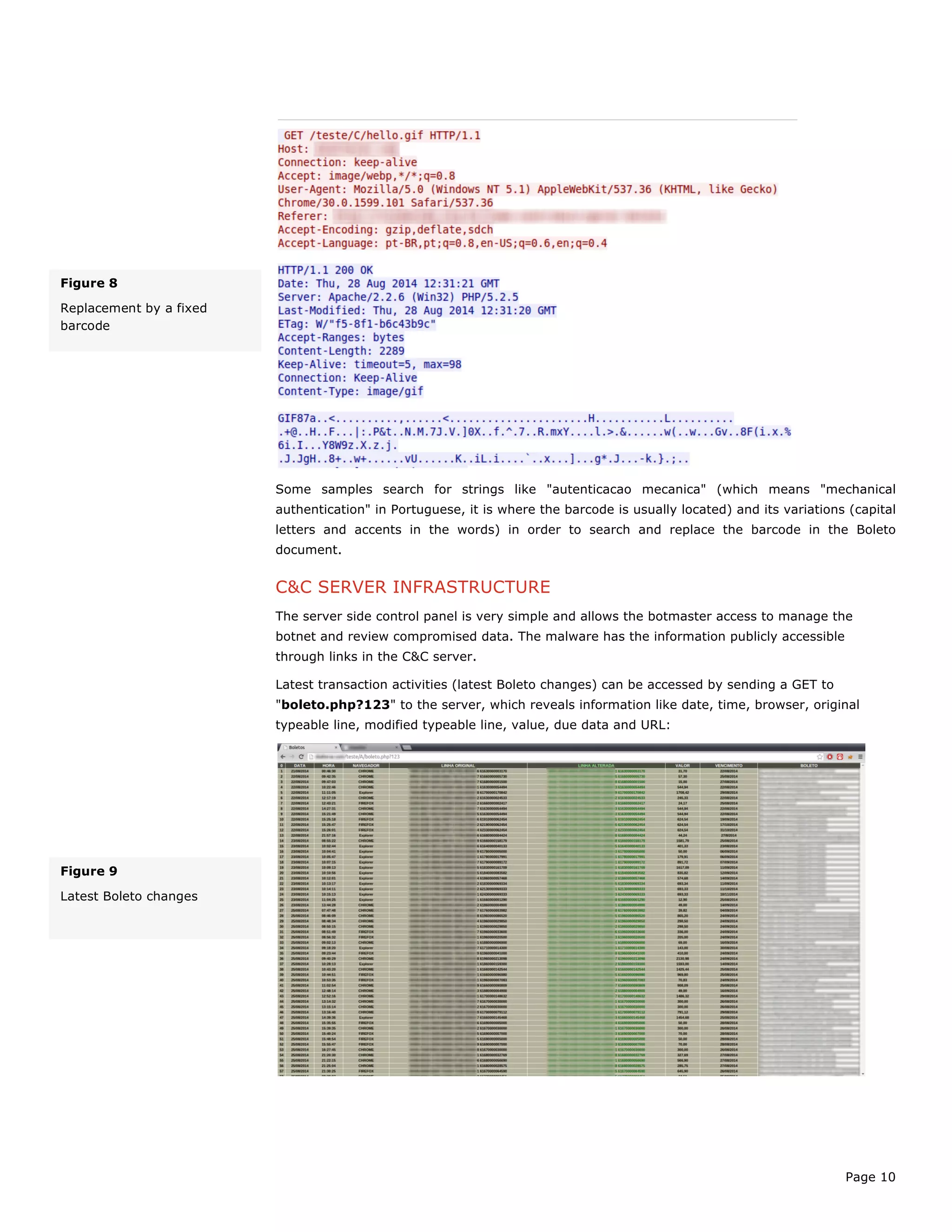 Page 10
Some samples search for strings like "autenticacao mecanica" (which means "mechanical
authentication" in Portuguese, it is where the barcode is usually located) and its variations (capital
letters and accents in the words) in order to search and replace the barcode in the Boleto
document.
C&C SERVER INFRASTRUCTURE
The server side control panel is very simple and allows the botmaster access to manage the
botnet and review compromised data. The malware has the information publicly accessible
through links in the C&C server.
Latest transaction activities (latest Boleto changes) can be accessed by sending a GET to
"boleto.php?123" to the server, which reveals information like date, time, browser, original
typeable line, modified typeable line, value, due data and URL:
Figure 8
Replacement by a fixed
barcode
Figure 9
Latest Boleto changes
 