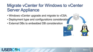 Migrate vCenter for Windows to vCenter
Server Appliance
• Windows vCenter upgrade and migrate to vCSA.
• Deployment type and configurations consideration
• External DBs to embedded DB consideration
 