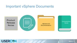 Important vSphere Documents
vSphere 6.5
Documentation
Compatibility
Guide
Product
Release
Notes
KB Articles
 