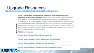 Upgrade Resourceshttp://www.vmware.com/products/vsphere/upgrade-center/overview
 