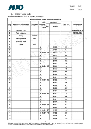 Version 6.0
Page: 13/25
13
ALL RIGHTS STRICTLY RESERVED. ANY PORTION OF THIS PAPER SHALL NOT BE REPRODUCED, COPIED, OR TRANSFORMED
TO ANY OTHER FORMS WITHOUT PERMISSION FROM AU OPTRONICS CORP.
2. Display Initial code
This Version of Initial Code is only for V3 Version
Recommended Power on Initial Sequence
Address
Step Instruction/Parameters Delay time R/W
MIPI
Data
Type
MIPI Others
Data hex. Description
1 Turn on VvDD VDD=2.8V~3.1V
2 Turn on VIOVDD IOVDD=1.8V
3 Delay no limit
4 REST pin low 20us
5 REST pin high
6 Delay 5 ms
7 W F000 55
8 W F001 AA
9 W F002 52
10 W F003 08
11 W
0x39 F0
F004 00
12 W BD00 03
13 W BD01 20
14 W BD02 14
15 W BD03 4B
16 W
0x39 BD
BD04 00
17 W BE00 03
18 W BE01 20
19 W BE02 14
20 W BE03 4B
21 W
0x39 BE
BE04 01
22 W BF00 03
23 W BF01 20
24 W BF02 14
25 W BF03 4B
26 W
0x39 BF
BF04 00
27 W BB00 07
28 W BB01 07
29 W
0x39 BB
BB02 07
30 W 0x39 C7 C700 40
31 W F000 55
32 W F001 AA
33 W
0x39 F0
F002 52
 