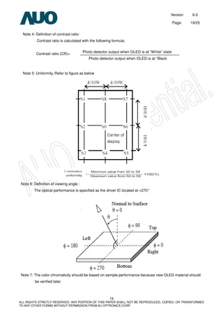 Version 6.0
Page: 19/25
19
ALL RIGHTS STRICTLY RESERVED. ANY PORTION OF THIS PAPER SHALL NOT BE REPRODUCED, COPIED, OR TRANSFORMED
TO ANY OTHER FORMS WITHOUT PERMISSION FROM AU OPTRONICS CORP.
Note 4: Definition of contrast ratio:
Contrast ratio is calculated with the following formula:
Contrast ratio (CR)=
Note 5: Uniformity. Refer to figure as below
Note 6: Definition of viewing angle :
The optical performance is specified as the driver IC located at =270°
Note 7: The color chromaticity should be based on sample performance because new OLED material should
be verified later.
Photo detector output when OLED is at “White” state
Photo detector output when OLED is at “Black
 
