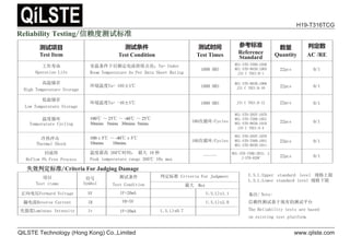 100 ± 5ć ̚ -40ć ± 5ć
10mins 10mins
测试项目
7HVW,WHP
测试条件
7HVWRQGLWLRQ
测试时间
7HVW7LPHV
参考标准
5HIHUHQFH
6WDQGDUG
数量
4XDQWLW $5(
ᐕ֌ሯભ
2SHUDWLRQ/LIH
ᇔ⑙ᶑԦлԕ仍ᇊ⭥⍱ᤱ㔝⛩Ӟ˗7D 8QGHU
5RRP7HPSHUDWXUH$V3HU'DWD6KHHW5DWLQJ
+56
0,/67''
0,/67''
-,6%
SFV 
儈⑙ۘᆈ
+LJK7HPSHUDWXUH6WRUDJH
⧟ຳ⑙ᓖ7D fć +56
0,/67''
-,6% SFV 
վ⑙ۘᆈ
/RZ7HPSHUDWXUH6WRUDJH
⧟ຳ⑙ᓖ7D fć +56 -,6% SFV 
⑙ᓖᗚ⧟
7HPSHUDWXUHFOLQJ
100ć ̚ 25ć ̚ -40ć ̚ 25ć
30mins 5mins 30mins 5mins
⅑ᗚ⧟FOHV
0,/67')'
0,/67''
0,/67''
-,6$
SFV 
ߧ✝ߢࠫ
7KHUPDO6KRFN
⅑ᗚ⧟FOHV
0,/67')'
0,/67''
0,/67''
SFV 
എ⍱✺
5HIORZ3E)UHH3URFHVV
⑙ᓖᴰ儈ćᰦ䰤˖ᴰབྷ 。
3HDNWHPSHUDWXUHUDQJHćVPD[

0,/67''
-67' SFV 
ཡ
ཡ᭸ࡔᇊḷ߶ULWHULD)RU-XGJLQJ'DPDJH
亩ⴞ
7HVWLWHPV
ㅖਧ
6PERO
⍻䈅ᶑԦ
7HVWRQGLWLRQ
ࡔᇊḷ߶ULWHULD)RU-XGJPHQW
ᴰབྷ 0D[
↓ੁ⭥঻)RUZDUG9ROWDJH 9) ,) 20mA 86/ [
┿⭥⍱5HYHUVHXUUHQW ,5 95 9 86/ [
‫ݹ‬ᕪᓖ/XPLQRXV,QWHQVLW ,Y ,) 20mA /6/ [
5HOLDELOLW7HVWLQJؑ䎆ᓖ⍻䈅ḷ߶
86/8SSHU VWDQGDUG OHYHO 㿴Ṭк䲀
/6//RZHUVWDQGDUGOHYHO㿴Ṭл䲀
༷⌘1RWH
ؑ䎆ᙗ⍻䈅สҾ⧠ᴹⲴ⍻䈅ᒣਠ
7KH5HOLDELOLWWHVWVDUHEDVHG
RQH[LVWLQJWHVWSODWIRUP
判定数
H19-T316TCG
QILSTE Technology (Hong Kong) Co.,Limited www.qilste.com
 