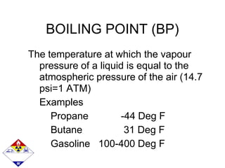 BOILING POINT (BP)
The temperature at which the vapour
pressure of a liquid is equal to the
atmospheric pressure of the air (14.7
psi=1 ATM)
Examples
Propane -44 Deg F
Butane 31 Deg F
Gasoline 100-400 Deg F
 