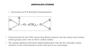 AMINOALKYL ETHERS
• Derivatives of N,N-dimethyl ethanolamines.
• Characterized by the CHO connecting Moiety between the key diaryl and tertiary
amino groups and a two or three carbon moiety.
• The simple diphenyl derivative diphenhydramine was the firt clinically useful
member of the ethanolamines series and serves as a prototype.
 