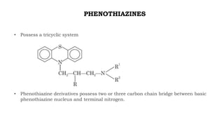 PHENOTHIAZINES
• Possess a tricyclic system
• Phenothiazine derivatives possess two or three carbon chain bridge between basic
phenothiazine nucleus and terminal nitrogen.
 