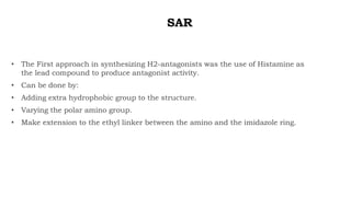 SAR
• The First approach in synthesizing H2-antagonists was the use of Histamine as
the lead compound to produce antagonist activity.
• Can be done by:
• Adding extra hydrophobic group to the structure.
• Varying the polar amino group.
• Make extension to the ethyl linker between the amino and the imidazole ring.
 