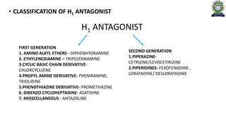 • CLASSIFICATION OF H1 ANTAGONIST
H1 ANTAGONIST
FIRST GENERATION
1. AMINO ALKYL ETHERS - DIPHENHYDRAMINE
2. ETHYLENEDIAMINE – TRIPELENNAMINE
3.CYCLIC BASIC CHAIN DERIVATIVE-
CHLORCYCLIZINE
4.PROPYL AMINE DERIVATIVE- PHENIRAMINE,
TRIOLIDINE
5.PHENOTHIAZINE DERIVATIVE- PROMETHAZINE
6. DIBENZO CYCLOHEPTADINE- AZATIDINE
7. MISSCELLANEOUS - ANTAZOLINE
SECOND GENERATION
1.PIPERAZINE-
CETRIZINE/LEVOCETIRIZINE
2.PIPERIDINES- FEXOFENADINE ,
LORATADINE/ DESLORATADINE
 