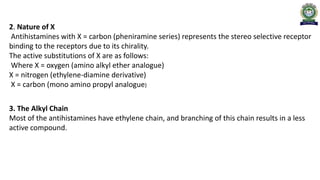 2. Nature of X
Antihistamines with X = carbon (pheniramine series) represents the stereo selective receptor
binding to the receptors due to its chirality.
The active substitutions of X are as follows:
Where X = oxygen (amino alkyl ether analogue)
X = nitrogen (ethylene-diamine derivative)
X = carbon (mono amino propyl analogue)
3. The Alkyl Chain
Most of the antihistamines have ethylene chain, and branching of this chain results in a less
active compound.
 
