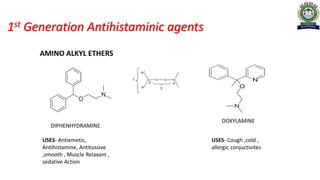 1st Generation Antihistaminic agents
AMINO ALKYL ETHERS
DIPHENHYDRAMINE
DOXYLAMINE
USES- Antiemetic,
Antihistamine, Antitussive
,smooth , Muscle Relaxant ,
sedative Action
USES- Cough ,cold ,
allergic conjuctivites
 