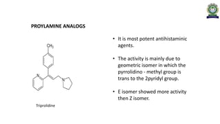 PROYLAMINE ANALOGS
Triprolidine
• It is most potent antihistaminic
agents.
• The activity is mainly due to
geometric isomer in which the
pyrrolidino - methyl group is
trans to the 2pyridyl group.
• E isomer showed more activity
then Z isomer.
 