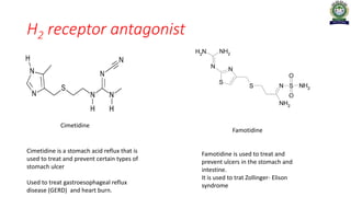 H2 receptor antagonist
Cimetidine
Famotidine
Cimetidine is a stomach acid reflux that is
used to treat and prevent certain types of
stomach ulcer
Used to treat gastroesophageal reflux
disease (GERD) and heart burn.
Famotidine is used to treat and
prevent ulcers in the stomach and
intestine.
It is used to trat Zollinger- Elison
syndrome
 