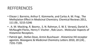 REFFERENCES
• Eliezer J. Barreiro, Arthur E. Kümmerle, and Carlos A. M. Frag . The
Methylation Effect in Medicinal Chemistry. Chemical Reviews 2011,
111 (9) , 5215-5246
• . A. M. Mocking, R. Bosma , S. N. Rahman, E. W. E. Verweij, Daniel A.
McNaught-Flores, Henry F. Vischer , Rob Leurs . Molecular Aspects of
Histamine Receptors.
• Patrick Igel , Stefan Dove, Armin Buschauer . Histamine H4 receptor
agonists. Bioorganic & Medicinal Chemistry Letters 2010, 20 (24) ,
7191-7199.
 