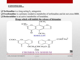 6/3/2021
UIPS, PANJAB UNIVERSITY
26
CONTINUED…
 Terfenadine is a long acting h1 antagonist.
 Fexofenadine is a primary oxidative metabolite of terfenadine and do not cross BBB.
 Desloratidine is an active metabolite of loratidine.
Drugs which will inhibit the release of histamine
 