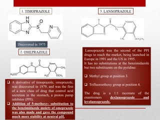 UIPS, PANJAB UNIVERSITY
43
1. TIMOPRAZOLE
Discovered in 1975
2. OMEPRAZOLE
 A derivative of timoprazole, omeprazole,
was discovered in 1979, and was the first
of a new class of drug that control acid
secretion in the stomach, a proton pump
inhibitor (PPI).
 Addition of 5-methoxy- substitution to
the benzimidazole moiety of omeprazole
was also made and gave the compound
much more stability at neutral pH.
3. LANSOPRAZOLE
Lansoprazole was the second of the PPI
drugs to reach the market, being launched in
Europe in 1991 and the US in 1995.
It has no substitutions at the benzimidazole
but two substituents on the pyridine:
 Methyl group at position 3.
 Trifluoroethoxy group at position 4.
The drug is a 1:1 racemate of the
enantiomers dexlansoprazole and
levolansoprazole.
 
