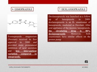 6/3/2021
UIPS, PANJAB UNIVERSITY
45
6. ESMOPRAZOLE
Esomeprazole magnesium
(Nexium) received its first
approval in 2000 and
provided more pronounced
inhibition of acid secretion
and less inter-patient
variation compared to
omeprazole.
7. DEXLANSOPRAZOLE
Dexlansoprazole was launched as a follow
up of lansoprazole in 2009.
dexlansoprazole is an R- enantiomer of
lansoprazole, marketed as Dexilant. After
oral appliance of the racemic lansoprazole,
the circulating drug is 80%
dexlansoprazole. Moreover, both
enantiomers have similar effects on the
proton pump
 