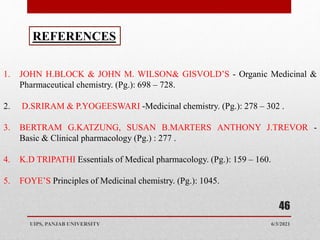6/3/2021
UIPS, PANJAB UNIVERSITY
46
REFERENCES
1. JOHN H.BLOCK & JOHN M. WILSON& GISVOLD’S - Organic Medicinal &
Pharmaceutical chemistry. (Pg.): 698 – 728.
2. D.SRIRAM & P.YOGEESWARI -Medicinal chemistry. (Pg.): 278 – 302 .
3. BERTRAM G.KATZUNG, SUSAN B.MARTERS ANTHONY J.TREVOR -
Basic & Clinical pharmacology (Pg.) : 277 .
4. K.D TRIPATHI Essentials of Medical pharmacology. (Pg.): 159 – 160.
5. FOYE’S Principles of Medicinal chemistry. (Pg.): 1045.
 