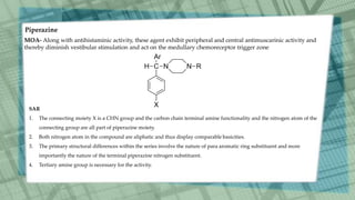 Piperazine
MOA- Along with antihistaminic activity, these agent exhibit peripheral and central antimuscarinic activity and
thereby diminish vestibular stimulation and act on the medullary chemoreceptor trigger zone
SAR
1. The connecting moiety X is a CHN group and the carbon chain terminal amine functionality and the nitrogen atom of the
connecting group are all part of piperazine moiety.
2. Both nitrogen atom in the compound are aliphatic and thus display comparable basicities.
3. The primary structural differences within the series involve the nature of para aromatic ring substituent and more
importantly the nature of the terminal piperazine nitrogen substituent.
4. Tertiary amine group is necessary for the activity.
 