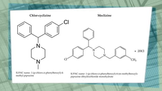 Chlor-cyclizine
IUPAC name- 1-(p-chloro-ᾰ-phenylbenzyl)-4-
methyl piprazine
Meclizine
IUPAC name- 1-(p-chloro-ᾰ-phenylbenzyl)-4-(m-methylbenzyl)-
piprazine dihydrochloride monohydrate
 