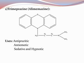 2)Trimeprazine (Alimemazine):
Uses: Antipruritic
Antiemetic
Sedative and Hypnotic
 