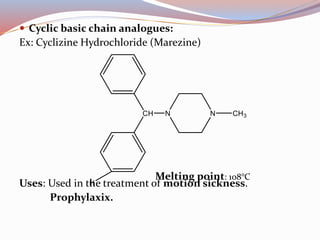  Cyclic basic chain analogues:
Ex: Cyclizine Hydrochloride (Marezine)
Uses: Used in the treatment of motion sickness.
Prophylaxix.
Melting point: 108°C
 