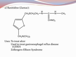 2) Ranitidine (Zantac):
Uses: To treat ulcer
Used to treat gastroesophagel reflux disease
(GERD)
Zollengers-Ellison Syndrome
 